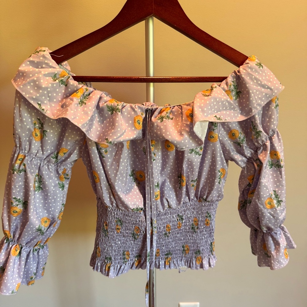 Zara Pink and Blue Puff Sleeve Blouse